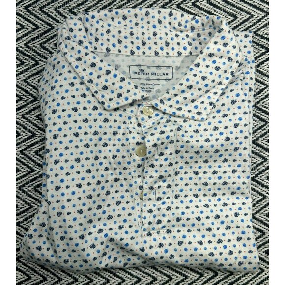 Peter Millar Other - Peter Millar Mens Floral Polo Shirt L White/Blue 100% Pima Cotton Short Sleeve B